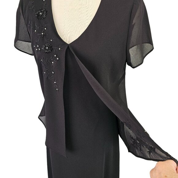 Positive Attitude 40s Style Black Maxi Dress Sz 12 Faux 2 Piece Beaded Short Slv - Picture 2 of 9